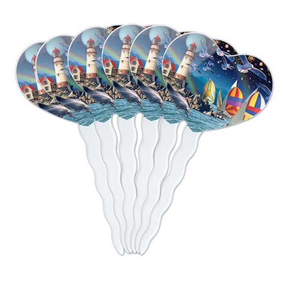 Ocean Shore Lighthouse Beach Slice of Life Heart Love Cupcake Picks Toppers Decoration Set of 6