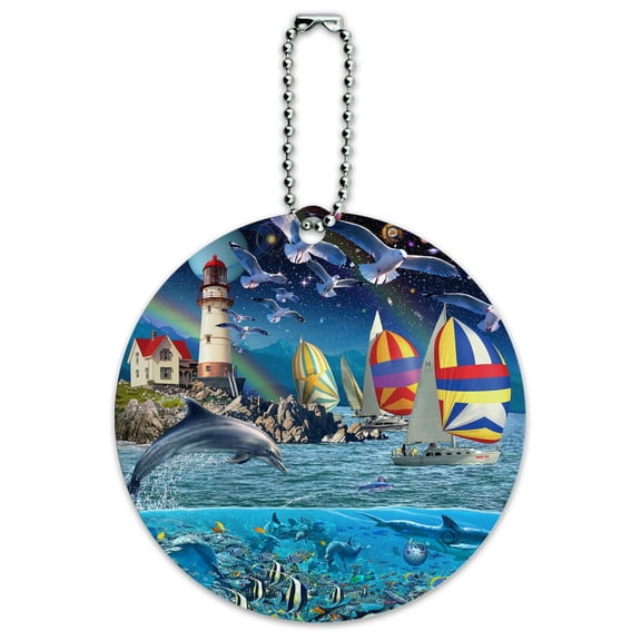Ocean Shore Lighthouse Beach Slice of Life Round Luggage ID Tag Card Suitcase Carry-On