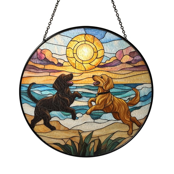 Ocean Shore Scene with Dogs at Dusk Stained Glass Style Window Hanging – Decor