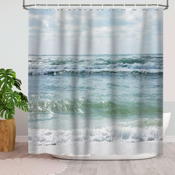 Ocean Shower Curtain, Blue and White Ocean Beach Bathroom Decor Sea Waves Beach Theme Fabric Bathroom Accessories 69X70IN