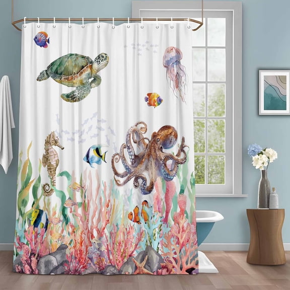 Ocean Shower Curtain with Hooks, Sea Turtle Jellyfish Octopus Seahorse Coral Coastal Water Repellent Shower Curtains for Bathroom Decor Sturdy Shower Curtain, Machine Washable 36x72 Inch