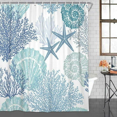 Ocean Shower Curtain, Nautical Coastal Shower Curtain Starfish Seashell Coral Decor Beach Bath Curtain, Waterproof Polyester Fabric with Hooks 72X72 Inch