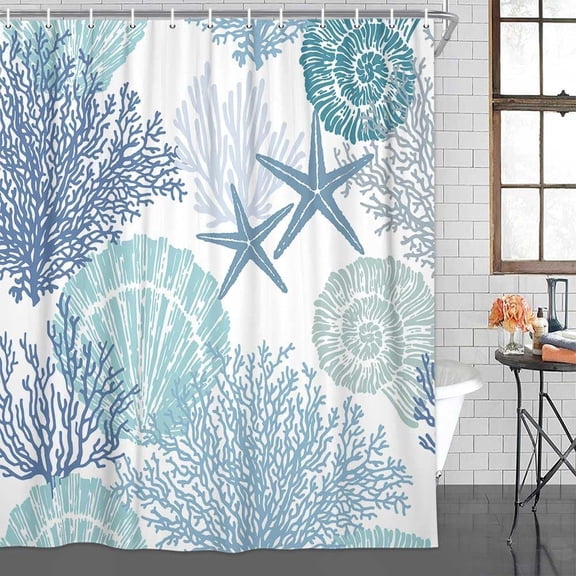Ocean Shower Curtain, Nautical Coastal Shower Curtain Starfish Seashell Coral Decor Beach Bath Curtain, Waterproof Polyester Fabric with Hooks 72X75 Inch