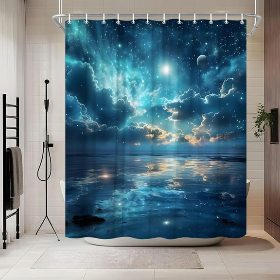 Ocean Shower Curtain Night Sky Clouds Stars Dark Blue Nautical Starry Reflect Shower Curtains Set for Bathroom with Hooks-72"W x 72"L (Pack of 1)