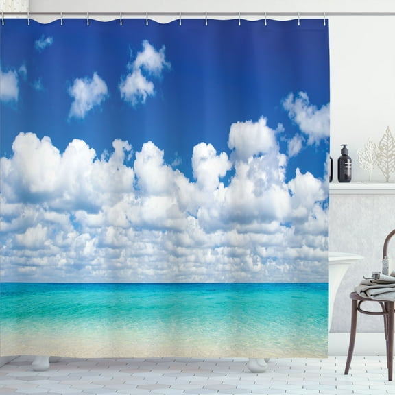 Ocean Shower Curtain, Paradise Beach and Tropical Hawaiian Exotic Sky Color with Clouds Scenery, Fabric Bathroom Set with Hooks, 69W X 70L Inches, Turquoise Azure White, by Ambesonne