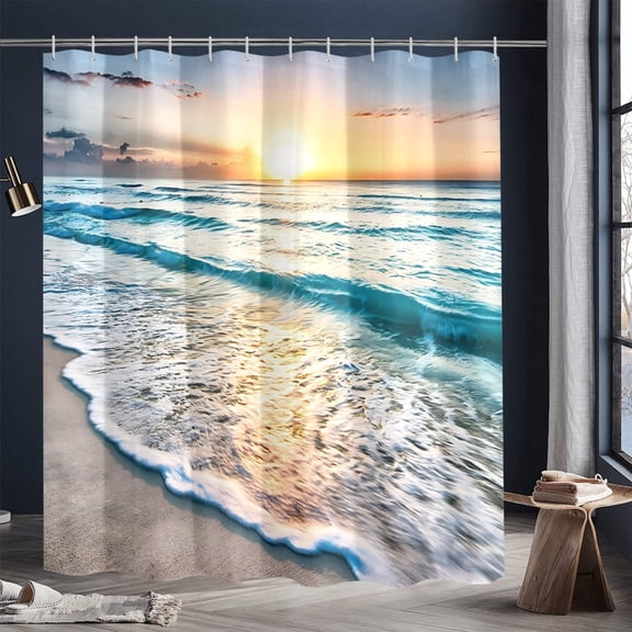 Ocean Shower Curtain Sand Beach Waves Sunrise Lanikai Theme Colorful Offshore Pacific Scenry Pattern Waterproof Fabric Bathroom Decor Set 72x72 Inch Plastic Hooks 12 Pcs Blue