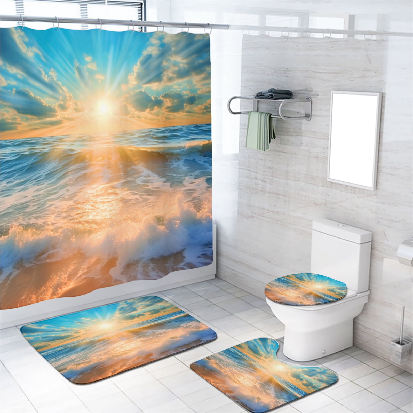 Ocean Shower Curtain Set Beach Theme Sunset View Summer Coastal Seaside Seascape Bathroom Sets Decor Accessories with Non-Slip Rug Toilet Lid Cover Bath Mat and 12 Hooks, 72x72 Inch