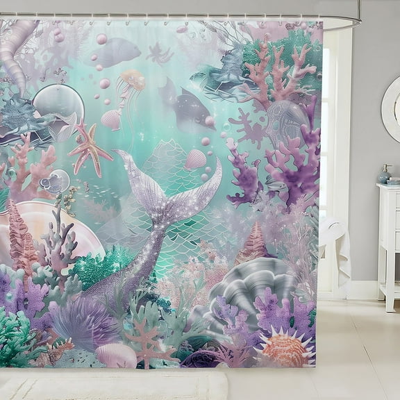 Ocean Shower Curtain Set Sliver Purple Mermaid Tail 72"Wx72"L Fabric Shower Curtain,Nautical Sea Animal Bathroom Accessories Starfish Coral Bath Curtain,Dreamy Princess Shower Curtain