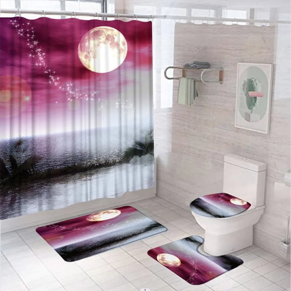 Ocean Shower Curtain Sets Sea Full Moon Purple Starry Sky Night Scenic Bathroom Screen Anti-slip Bath Mat Toilet Lid Cover Rugs