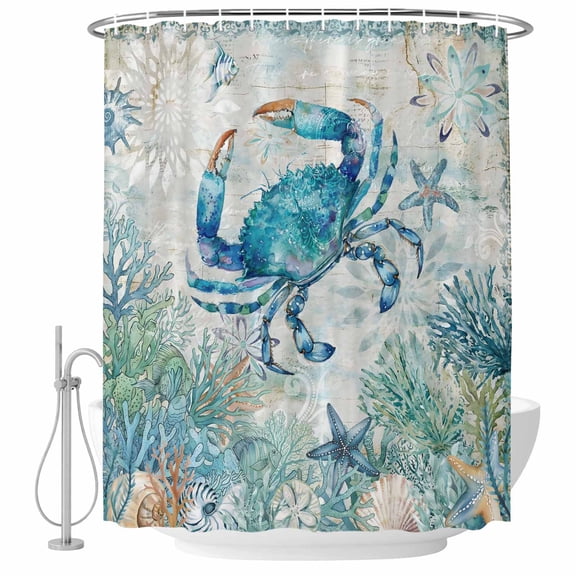 Ocean Shower Curtain Vintage Crabs Starfish Coral Summer Vintage Waterproof Fabric Shower Curtain Set with 12 Hooks, Bathroom Curtains for Farmhouse Home Hotel Holiday Decor, 36" W x 72" L