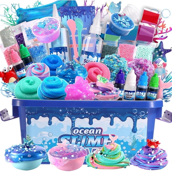 Ocean Slime Kit For Kids, Large Non-Sticky Soft Sludge And Metallic Clay Set, Sensory Fidget Toy For Boys And Girls Ages 4-12, Ocean Blue