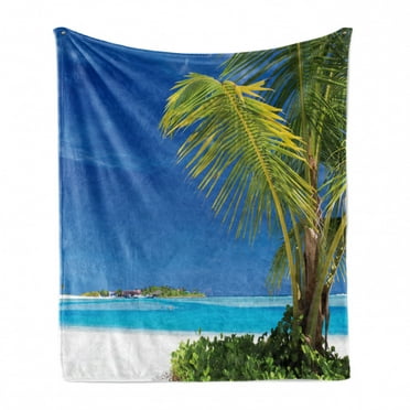 Ocean Soft Flannel Fleece Blanket, Caribbean Polynesia Tropics Small Palm Trees Relaxing Vacation Seascape Image, Cozy Plush for Indoor and Outdoor Use, 50" x 70", Green Blue White, by Ambesonne
