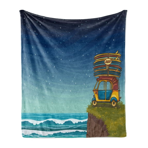 Ocean Soft Flannel Fleece Blanket, Cartoon Car with Surfboards Blue Night Ocean Waves Travel Summer Island Illustration, Cozy Plush for Indoor and Outdoor Use, 60" x 80", Multicolor, by Ambesonne