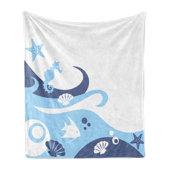 Ocean Soft Flannel Fleece Blanket, Cartoon Graphic Like Image of Deep Sealife Creatures Fish Waves Shells, Cozy Plush for Indoor and Outdoor Use, 50" x 70", Navy Blue Aqua and White, by Ambesonne