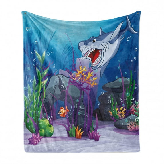 Ocean Soft Flannel Fleece Blanket, Cartoon Style Underwater World Plants and Evil Shark Chasing Little Fish Illustration, Cozy Plush for Indoor and Outdoor Use, 50" x 70", Multicolor, by Ambesonne