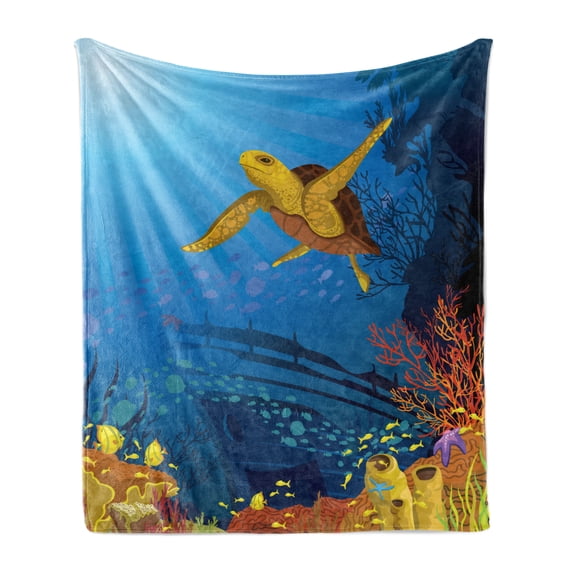 Ocean Soft Flannel Fleece Blanket, Colored Coral Reef with Silhouette School of Fish and Turtle Underwater Art, Cozy Plush for Indoor and Outdoor Use, 50" x 70", Yellow Orange Navy, by Ambesonne