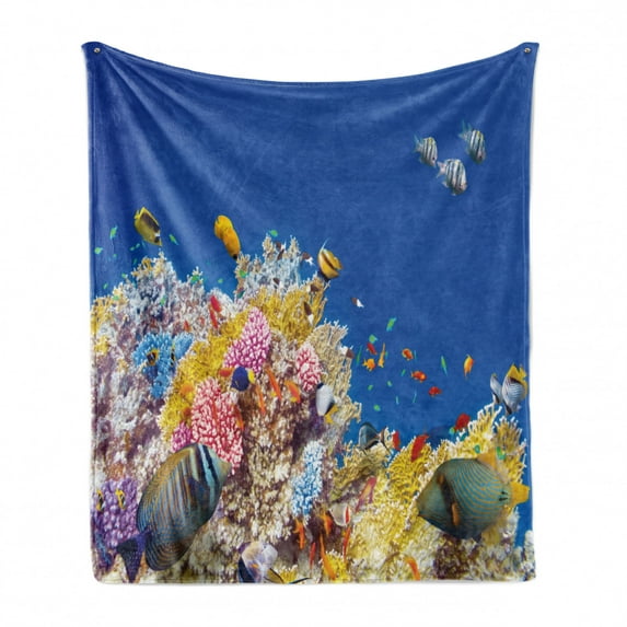 Ocean Soft Flannel Fleece Blanket, Colorful Underwater World with Corals Tropical Fish Exotic Diving Travel Destination, Cozy Plush for Indoor and Outdoor Use, 50" x 70", Blue Yellow, by Ambesonne