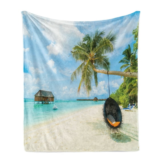 Ocean Soft Flannel Fleece Blanket, Exotic Beach in the Maldives with Crystal Waters and Palm Trees on the Sand Tropical, Cozy Plush for Indoor and Outdoor Use, 70" x 90", Multicolor, by Ambesonne