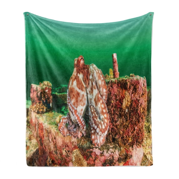 Ocean Soft Flannel Fleece Blanket, Large Octopus Hiding on Manmade Debris in Dark Murky Water Tropical Wild Picture, Cozy Plush for Indoor and Outdoor Use, 50" x 60", Green Brown Red, by Ambesonne