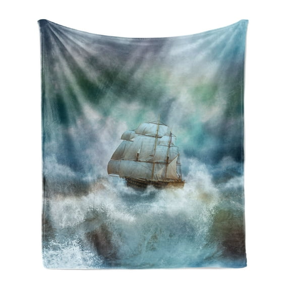 Ocean Soft Flannel Fleece Blanket, Majestic Nautical Sealife and Pirate Boat Ship on a Wavy Deep Sea Art Print, Cozy Plush for Indoor and Outdoor Use, 60" x 80", Blue Grey and White, by Ambesonne