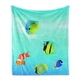 thumbnail image 1 of Ocean Soft Flannel Fleece Blanket, Nautical Navy Deep Sealife Image with Exotic Tropical Exotic Little Fish, Cozy Plush for Indoor and Outdoor Use, 60" x 80", Blue Orange and Yellow, by Ambesonne, 1 of 6