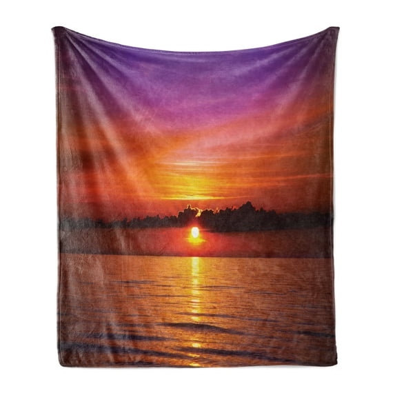 Ocean Soft Flannel Fleece Blanket, Romantic Sunset on the Beach Sun Rays Reflection on the Sea Colorful Sky Picture, Cozy Plush for Indoor and Outdoor Use, 60" x 80", Orange Purple, by Ambesonne