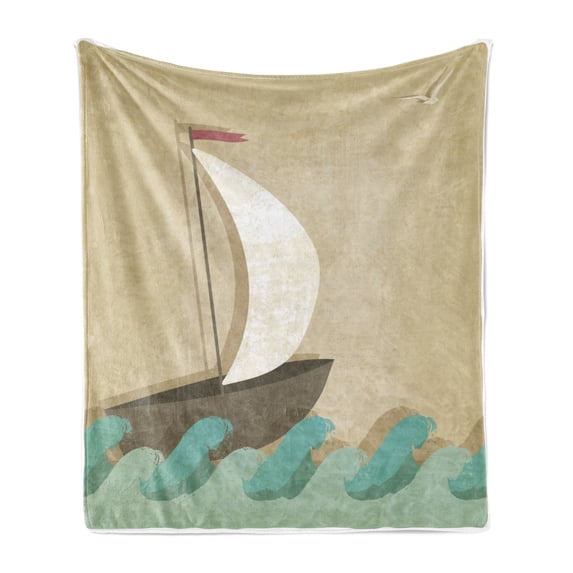 Ocean Soft Flannel Fleece Blanket, Sail Boat on Waves with Seagulls Nautical Theme for Ocean Lovers Print, Cozy Plush for Indoor and Outdoor Use, 50" x 70", Seafoam Sand Brown White, by Ambesonne