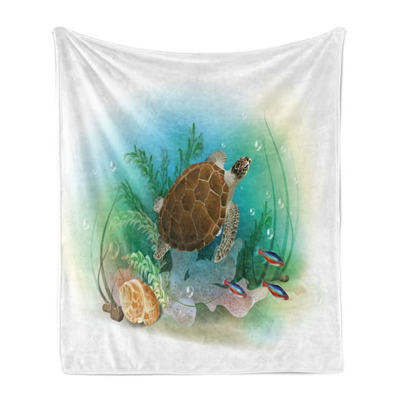 Ocean Soft Flannel Fleece Blanket, Sea Turtle Swims in the Ocean Tropical Underwater World Aquarium Illustration Print, Cozy Plush for Indoor and Outdoor Use, 50" x 60", Green Brown, by Ambesonne