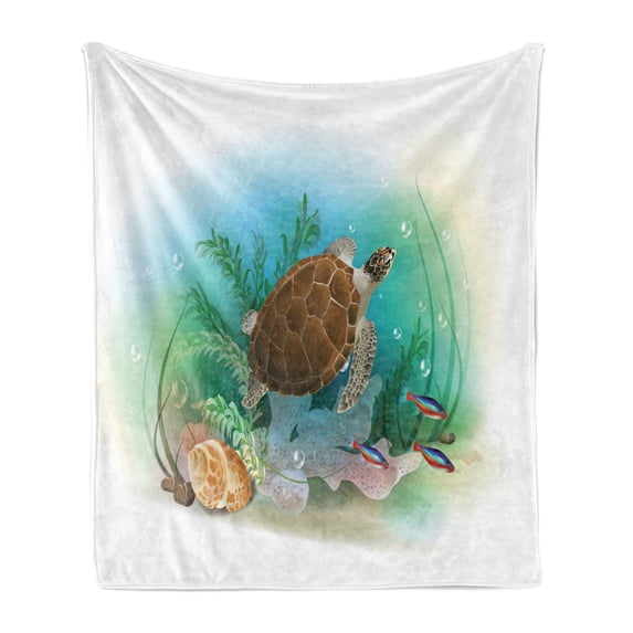 Ocean Soft Flannel Fleece Blanket, Sea Turtle Swims in the Ocean Tropical Underwater World Aquarium Illustration Print, Cozy Plush for Indoor and Outdoor Use, 50" x 70", Green Brown, by Ambesonne