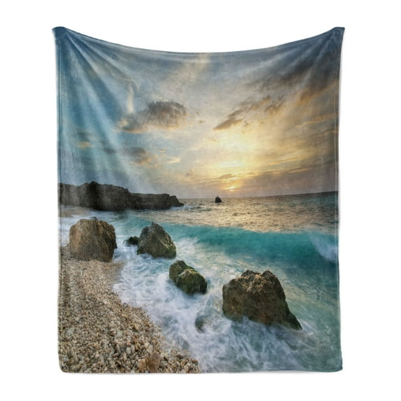 Ocean Soft Flannel Fleece Blanket, Seascape Composition of Nature Rocks Waves Cloudy Sky Rising Sun Beach Photo, Cozy Plush for Indoor and Outdoor Use, 60" x 80", Brown Blue Yellow, by Ambesonne