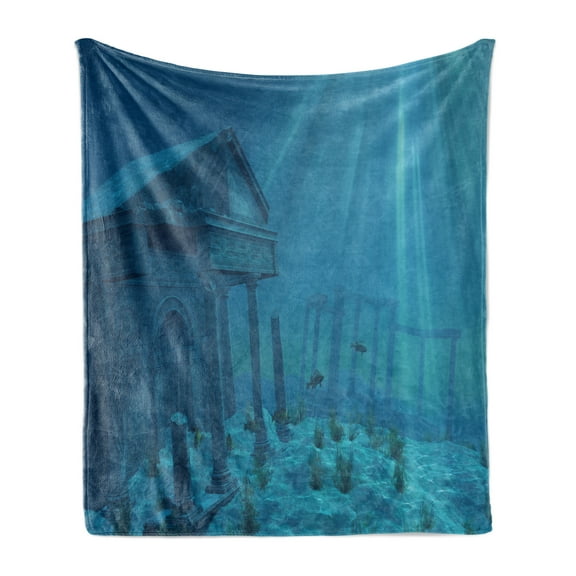 Ocean Soft Flannel Fleece Blanket, Sun Rays over Ruins of a Former Civilization Deep Sea Atlantis World Nautical Picture Print, Cozy Plush for Indoor and Outdoor Use, 50" x 70", Teal, by Ambesonne