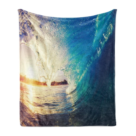 Ocean Soft Flannel Fleece Blanket, Sunrise on Waves Surfer Perspective Surreal Coastal Charm Sports Lifestyle Scene, Cozy Plush for Indoor and Outdoor Use, 50" x 70", Blue Pale Mauve, by Ambesonne