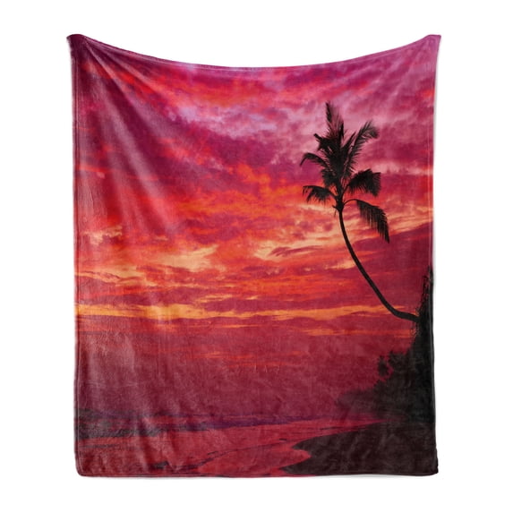Ocean Soft Flannel Fleece Blanket, Sunset View from a Tropical Island Beach with Silhouette of Palm Tree on the Shore Art Print, Cozy Plush for Indoor and Outdoor Use, 70" x 90", Red, by Ambesonne