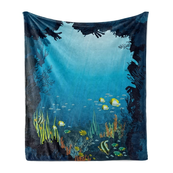Ocean Soft Flannel Fleece Blanket, Topical Underwater Cave Fishes Swimming Marine Coral Reefs Exotic Aquatic Beauty Image, Cozy Plush for Indoor and Outdoor Use, 50" x 60", Dark Blue, by Ambesonne