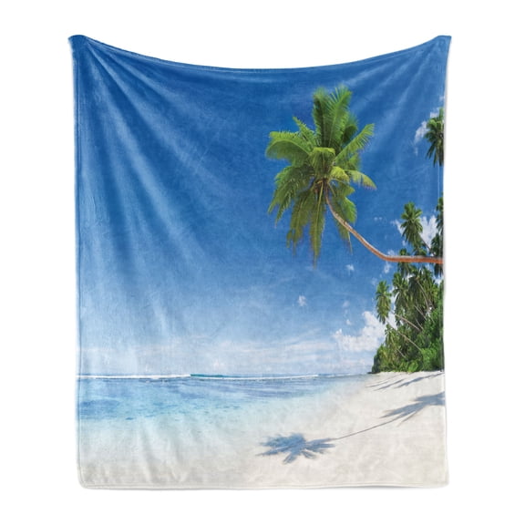 Ocean Soft Flannel Fleece Blanket, Tropical Beach with Palm Trees in the Ocean Summer Paradise Image Modern Design, Cozy Plush for Indoor and Outdoor Use, 60" x 80", Blue Green Cream, by Ambesonne