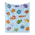 thumbnail image 1 of Ocean Soft Flannel Fleece Blanket, Types of Fish in Deep Sea Navy Nautical Life Seahorse Shells with Aqua Backdrop Image, Cozy Plush for Indoor and Outdoor Use, 70" x 90", Multicolor, by Ambesonne, 1 of 6