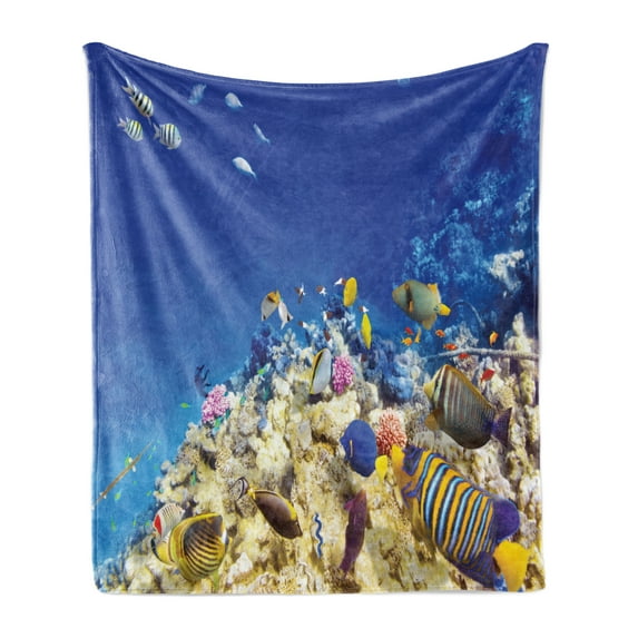 Ocean Soft Flannel Fleece Blanket, Underwater Life Wilderness Caribbean Ocean Vacation in Tropics Seascape Theme Image, Cozy Plush for Indoor and Outdoor Use, 70" x 90", Blue Beige, by Ambesonne