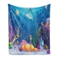 thumbnail image 1 of Ocean Soft Flannel Fleece Blanket, Underwater Sea Life Fish Moss Shells Bubbles Stones and Sunbeams Rays Cartoon Pattern, Cozy Plush for Indoor and Outdoor Use, 70" x 90", Multicolor, by Ambesonne, 1 of 5