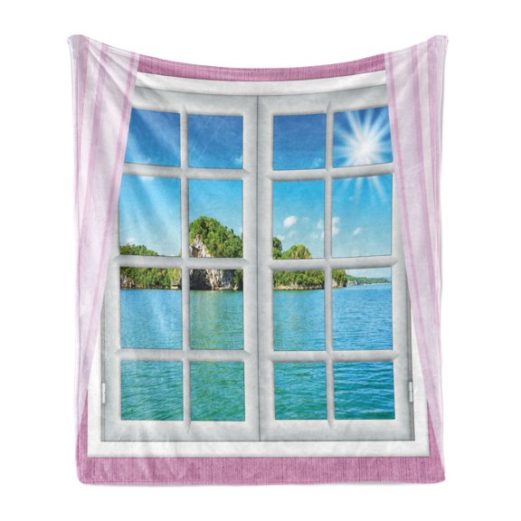 Ocean Soft Flannel Fleece Blanket, Ocean View from the Window on Island in Sunny Summer Day Peaceful Relaxation Resting, Cozy Plush for Indoor and Outdoor Use, 50" x 60", Pink Blue, by Ambesonne