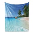 thumbnail image 1 of Ocean Soft Flannel Fleece Throw Blanket, Anse Lazio Beach at Praslin Island Surfing Beach Scenic View Travel, Cozy Plush for Indoor and Outdoor Use, 50" x 70", Turquoise Blue Green, by Ambesonne, 1 of 5
