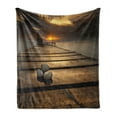 thumbnail image 1 of Ocean Soft Flannel Fleece Throw Blanket, Black Sea at Dusk Sunrise Tranquil Scene Coastline with Wooden Pier Picture, Cozy Plush for Indoor and Outdoor Use, 60" x 80", Brown Yellow Grey, by Ambesonne, 1 of 5