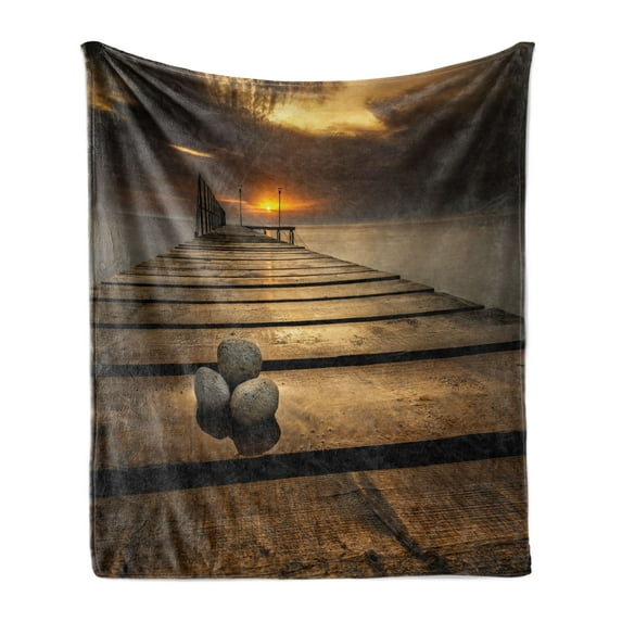 Ocean Soft Flannel Fleece Throw Blanket, Black Sea at Dusk Sunrise Tranquil Scene Coastline with Wooden Pier Picture, Cozy Plush for Indoor and Outdoor Use, 60" x 80", Brown Yellow Grey, by Ambesonne