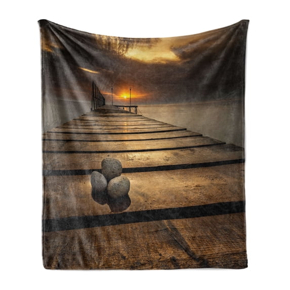 Ocean Soft Flannel Fleece Throw Blanket, Black Sea at Dusk Sunrise Tranquil Scene Coastline with Wooden Pier Picture, Cozy Plush for Indoor and Outdoor Use, 70" x 90", Brown Yellow Grey, by Ambesonne