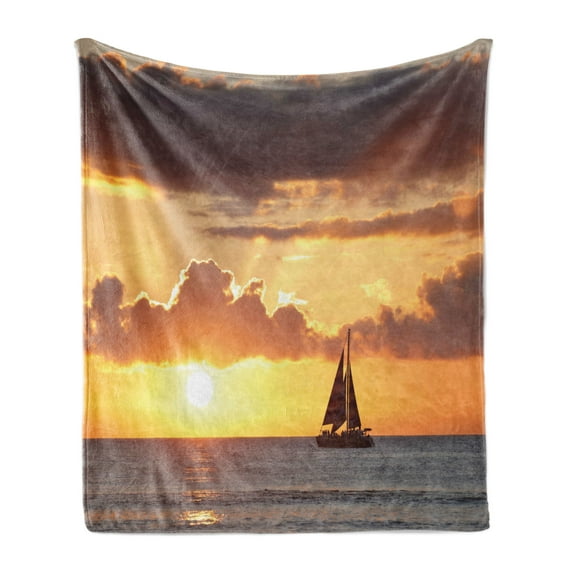 Ocean Soft Flannel Fleece Throw Blanket, Boat in the Oceannd Cloudy Skyt Sunset Digital Image Print, Cozy Plush for Indoor and Outdoor Use, 70" x 90", Grey and Marigold, by Ambesonne