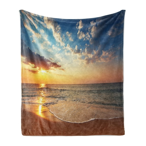 Ocean Soft Flannel Fleece Throw Blanket, Cloudscape over the Sea Honeymoon Travel Destination Sunrise Panoramic Shot, Cozy Plush for Indoor and Outdoor Use, 50" x 60", Blue Yellow Brown, by Ambesonne