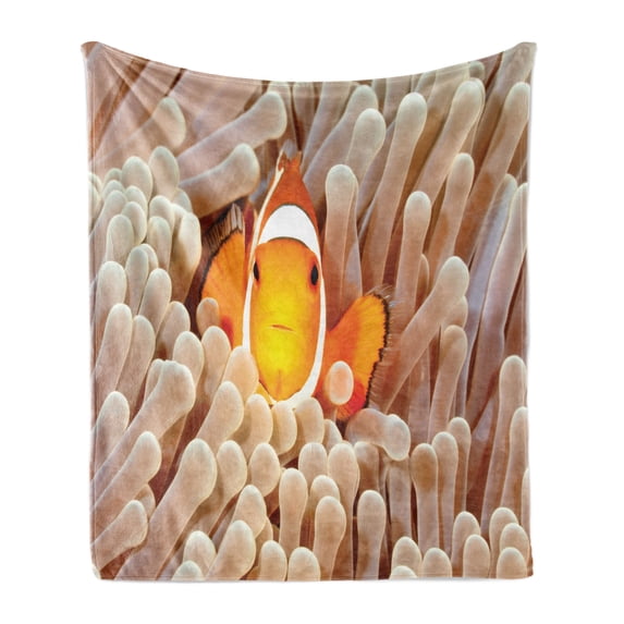 Ocean Soft Flannel Fleece Throw Blanket, Clown Fish Swimming in Tentacles in Pacific Ocean Bali Indonesia Marine Wildlife, Cozy Plush for Indoor and Outdoor Use, 60" x 80", Beige Orange, by Ambesonne