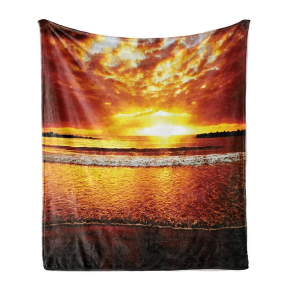 Ocean Soft Flannel Fleece Throw Blanket, Colorful Sunset on the Ocean Dramatic Sky Summertime Tropical Seaside Cloudscape, Cozy Plush for Indoor and Outdoor Use, 50" x 60", Brown Yellow, by Ambesonne