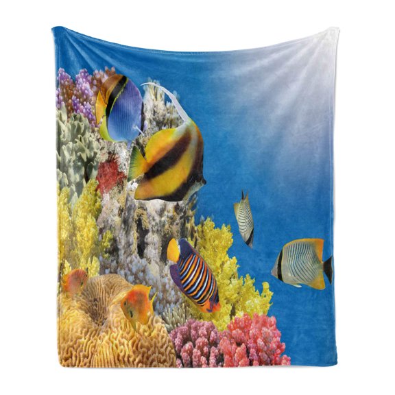 Ocean Soft Flannel Fleece Throw Blanket, Coral Colony on a Reef Top in Red Sea Egypt Exotic Fishes Aquatic Underwater Life, Cozy Plush for Indoor and Outdoor Use, 50" x 70", Multicolor, by Ambesonne