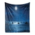 thumbnail image 1 of Ocean Soft Flannel Fleece Throw Blanket, Dramatic Photo of a Nighttime Sky Full Moon over a Calm Ocean Scene in Maui Hawaii, Cozy Plush for Indoor and Outdoor Use, 60" x 80", Navy White, by Ambesonne, 1 of 5