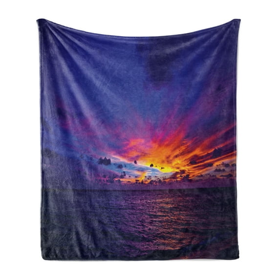 Ocean Soft Flannel Fleece Throw Blanket, Dreamlike Sunset in the Ocean Aurora Borealis Beyond Pacific Sea Atmosphere Photo, Cozy Plush for Indoor and Outdoor Use, 50" x 70", Purple Blue, by Ambesonne